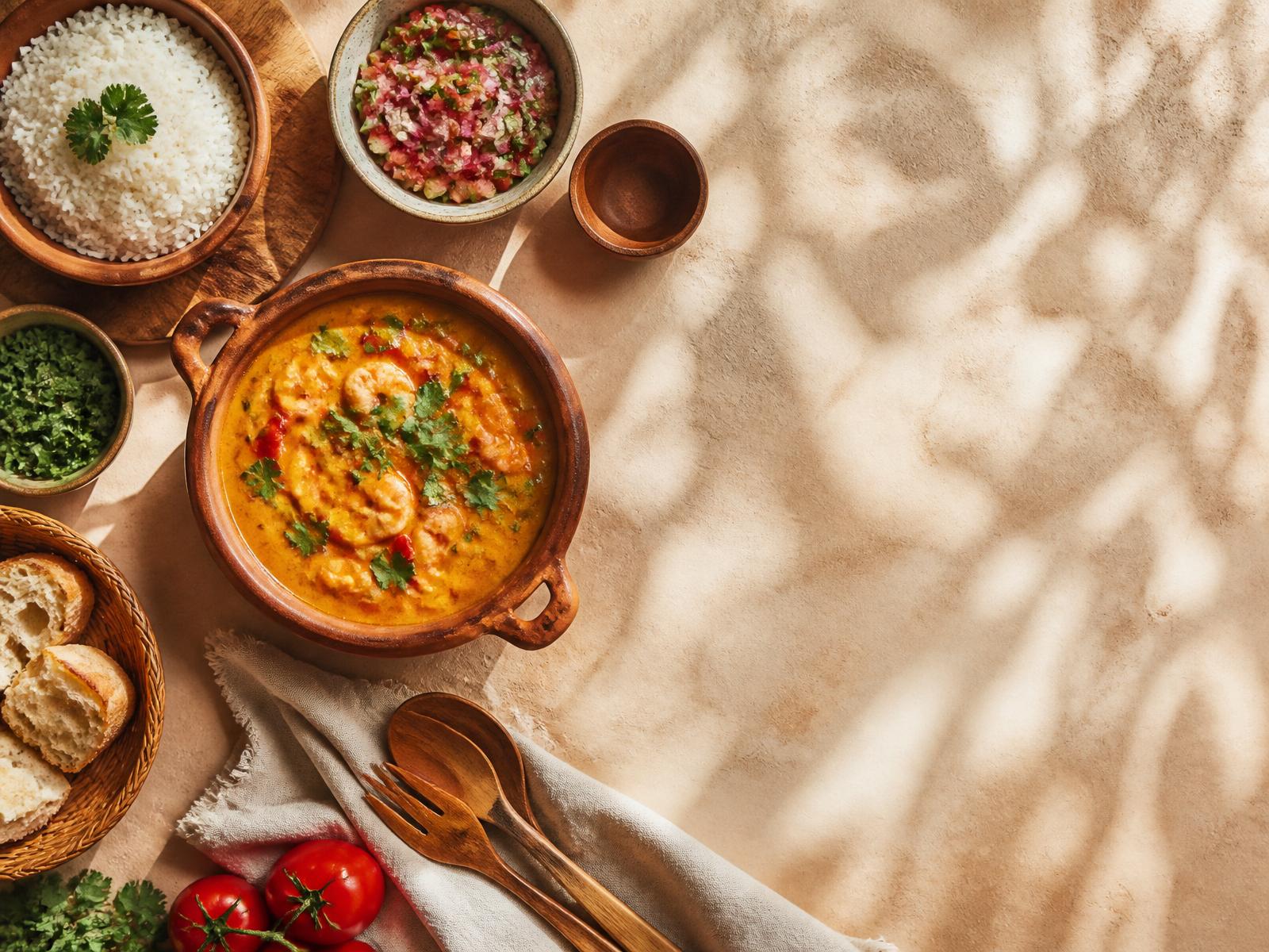 Mesa brasileira contemporânea com pratos e ingredientes frescos