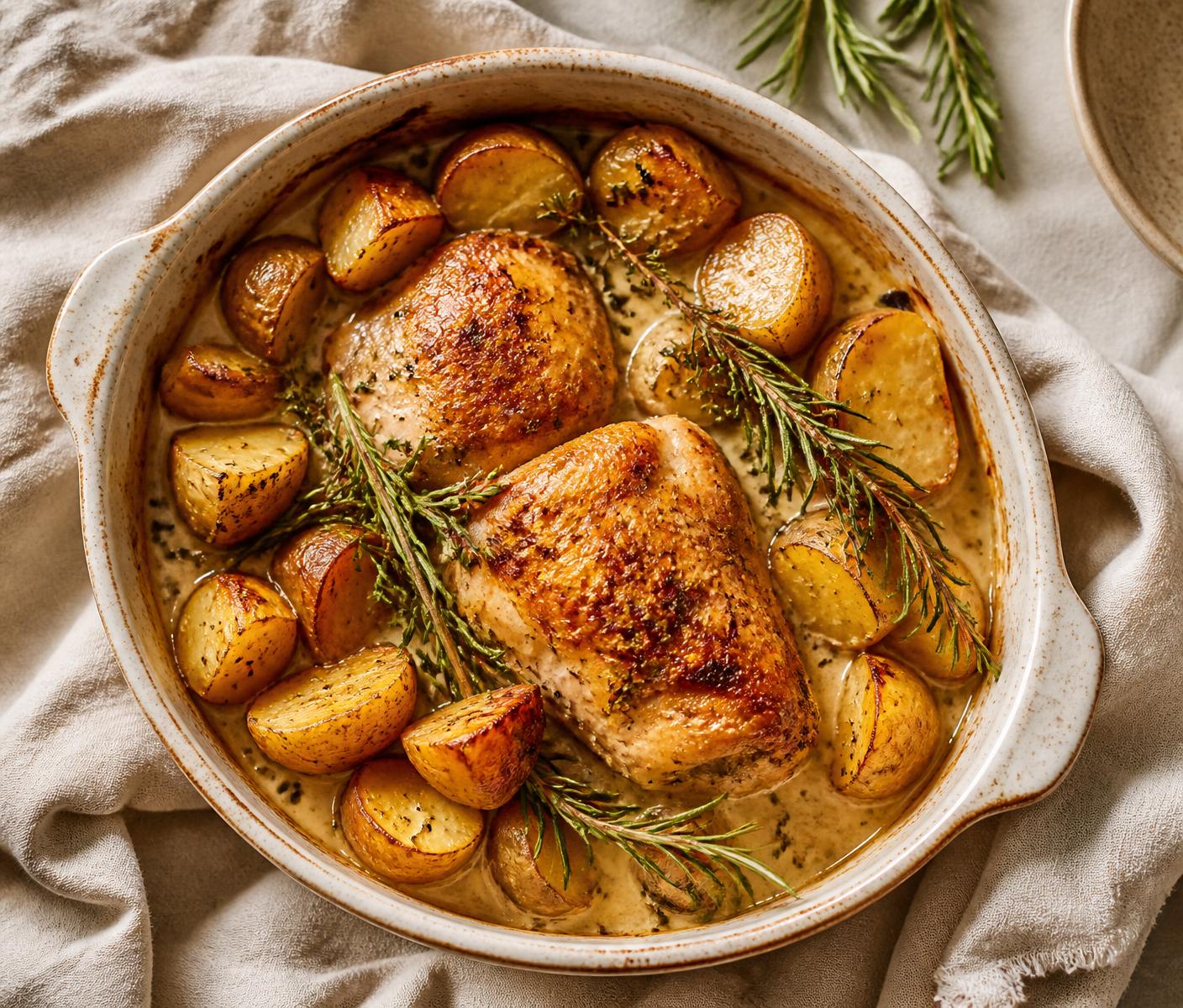 Frango cremoso com batatas douradas